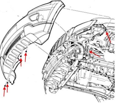 the scheme of fastening of the front bumper of the Jeep Grand Cherokee WK2 (after 2011)